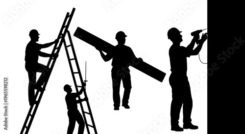 Construction workers with ladders, tools and building material, silhouette