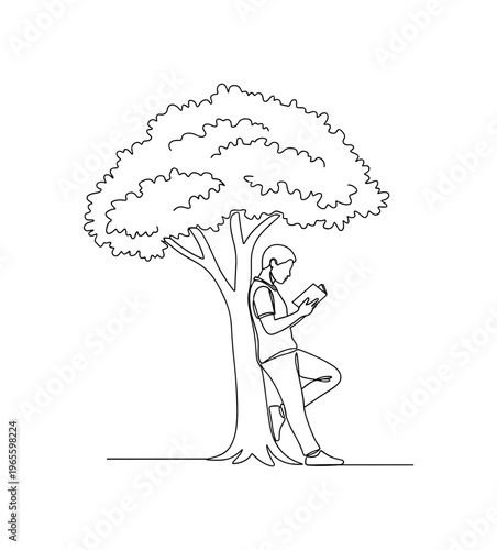 Quiet Shade. Minimalistic one-line drawing a person leaning against a tree while reading, continuous single black line on white background, simple outline