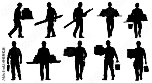 Construction workers carrying building materials in silhouette vector art