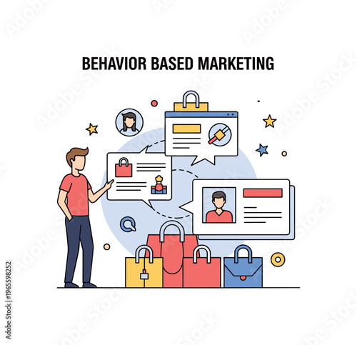 Behavior based marketing illustration with a user interacting with products and receiving tailored suggestions expressing engagement, tracking, and relevance.
