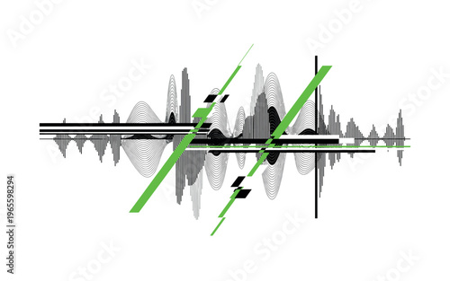 distorted audio waves with bold line disruption, monochrome wave arcs broken by thick linear segments and geometric fragments, glitch lines intersecting
