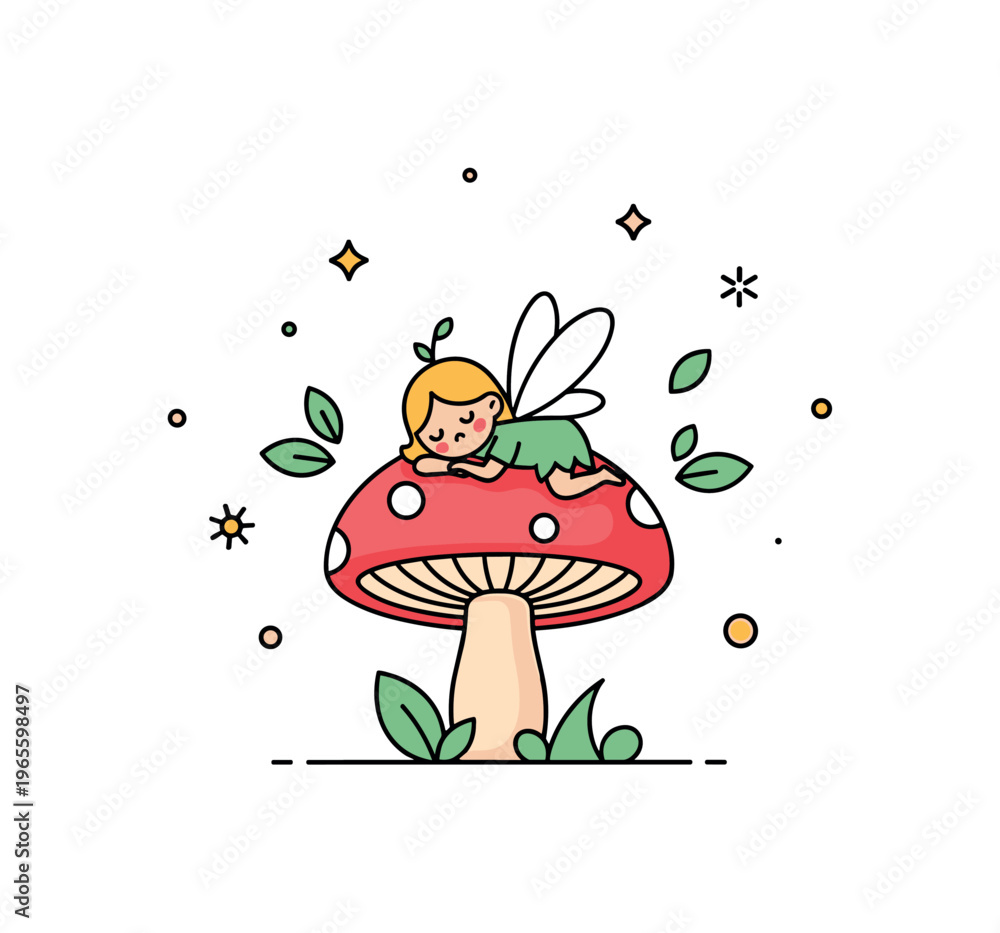Naklejka premium Mini forest fairy a small fairy resting on a mushroom cap with simple leaf accents and a calm dreamy expression. The composition conveys peaceful woodland