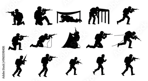 Silhouette of Soldiers in Action Poses with Rifles - Military Theme