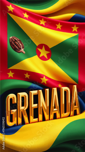 Vibrant Grenada flag illustration with nutmeg symbol and golden 3D Grenada text, colorful Caribbean national pride background art