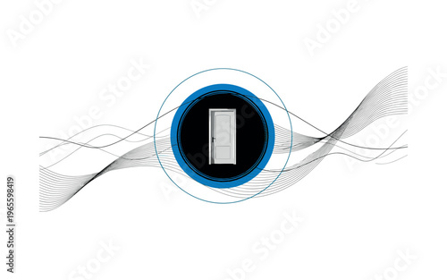 minimal door enclosed in a blue circular frame surrounded by simple wave lines, thin linear elements suggesting movement and flow, high contrast black and