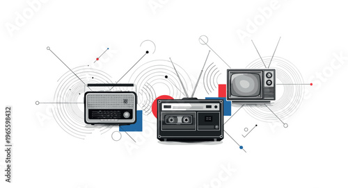classic media technology collage featuring radio, television, and cassette player, black and white realistic devices cut-out with white outline, concentric