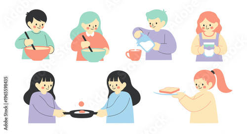Flat illustration of children preparing food, cooking, making breakfast