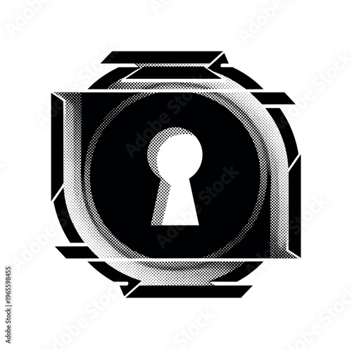 An abstract retro ornamental plaque with bold silhouette and engraved decorative structure, partially cropped at the frame edge for dynamic composition, black