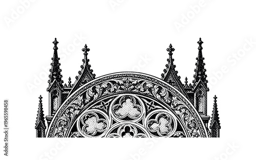 An abstract gothic plate with dense ornamental carving and dramatic silhouette, partially cropped at the frame edge for dynamic composition, black and white