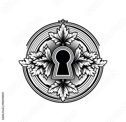 A symbolic insignia with layered vintage ornamentation and a bold keyhole shape at its center, presented centrally with minimal composition, black and white