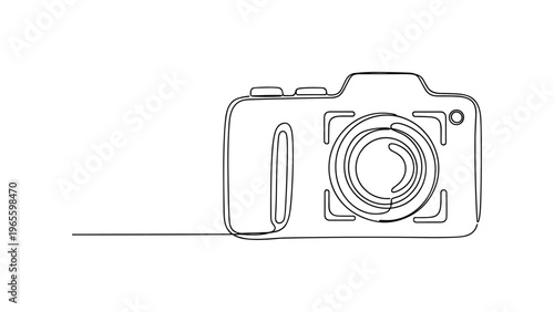 Photo Capture Idea. Minimalistic one-line drawing camera icon with subtle focus frame lines around, continuous single black line on white background, simple