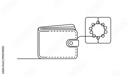 Crypto Wallet Concept. Minimalistic one-line drawing digital wallet icon connected to blockchain block chain outline, continuous single black line on white