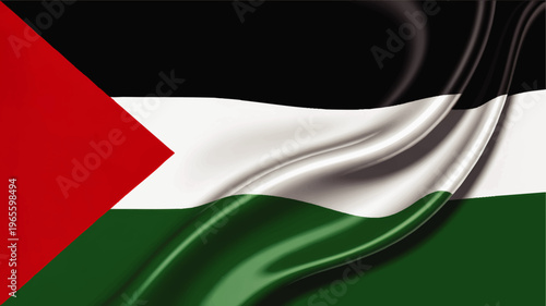 Waving Palestine flag illustration with realistic fabric folds, red triangle and black, white, green stripes, national patriotic background