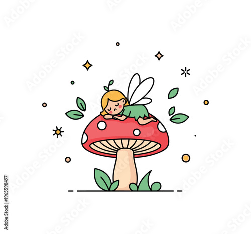Mini forest fairy a small fairy resting on a mushroom cap with simple leaf accents and a calm dreamy expression. The composition conveys peaceful woodland
