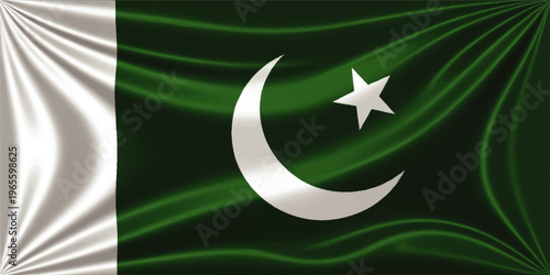 Waving flag of Pakistan with crescent and star, silky green and white fabric texture, patriotic national background illustration