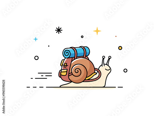Mini nature traveler a tiny snail with a backpack moving slowly with soft motion accents and balanced composition. A clean and peaceful visual of exploration