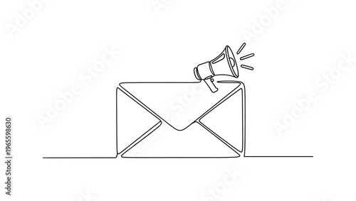 Email Marketing Illustration. Minimalistic one-line drawing envelope with small megaphone icon overlay and signal lines, continuous single black line on white