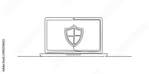 Network Defense Illustration. Minimalistic one-line drawing laptop with shield symbol displayed on screen, continuous single black line on white background,