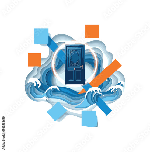 surreal door floating above ocean waves, blue and orange geometric blocks intersecting the composition, circular halo element around door, strong negative