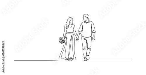 Together Journey. Minimalistic one-line drawing a couple holding hands while walking side by side, continuous single black line on white background, simple