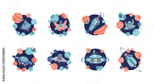 Cute Cartoon Space Planets with Spaceships and Aliens, Flat Vector Art