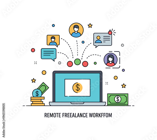 Remote freelance workflow concept centered on a laptop with connected clients, messages, and payment icons conveying independence, communication, and