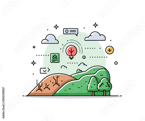 Environmental regeneration technology concept featuring a landscape transitioning from barren to green with digital elements conveying progress, innovation,