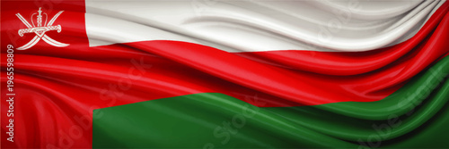 Realistic waving Oman national flag illustration with red white green stripes and emblem for patriotic Middle East design