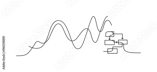 Data Science Illustration. Minimalistic one-line drawing graph line combined with small algorithm block diagram, continuous single black line on