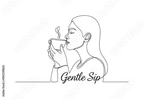 Gentle Sip. Minimalistic one-line drawing a woman bringing a teacup to her lips gracefully, continuous single black line on white background, simple outline