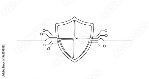 Digital Protection Concept. Minimalistic one-line drawing shield combined with subtle circuit line accents around, continuous single black line on white