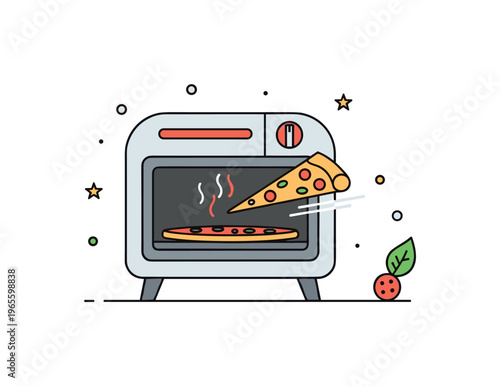 Pizza baking moment a tiny oven with a pizza halfway inside and subtle glow accents enhancing the heat effect. The scene captures action and freshness in a