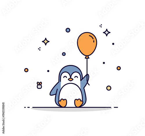 Penguin celebration a tiny penguin holding a balloon as if celebrating with subtle sparkle accents around. A bright and cheerful illustration of simple joyful
