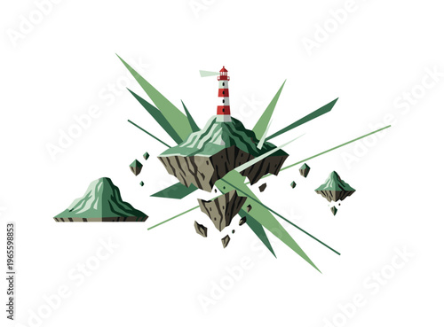 broken island pieces drifting with lighthouse on top, green geometric shapes and sharp lines slicing through composition, flat colors and strong contrast,