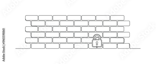 Digital Firewall Idea. Minimalistic one-line drawing brick wall outline with small lock symbol embedded, continuous single black line on white background,