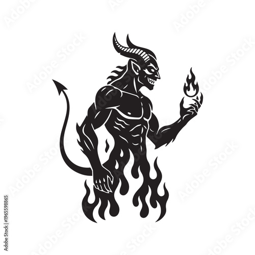 Devil Silhouette with Horns and Tail Rising from Flames, Evil Demon Vector Illustration
