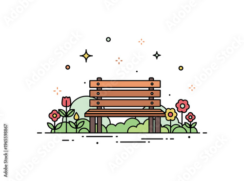 Garden bench scene a tiny wooden bench surrounded by small plants and flowers with soft decorative sparkles. A calm and inviting outdoor moment capturing rest