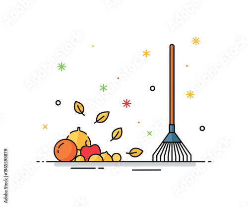 Simple fall yard activity with a rake and scattered leaves forming a compact composition expressing calm, routine, and seasonal change. Minimalist flat vector