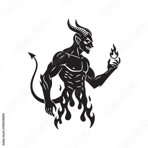 Devil Silhouette with Horns and Tail Rising from Flames, Evil Demon Vector Illustration

