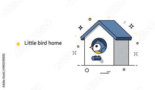 Little bird home a tiny bird peeking out of a birdhouse opening with a gentle expression and simple perch detail. The composition conveys curiosity and comfort