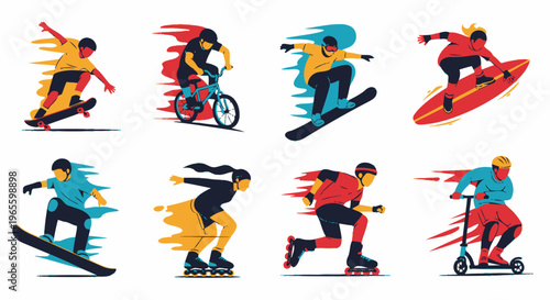 Flat Style Vector Art of Extreme Sports Athletes on White Background