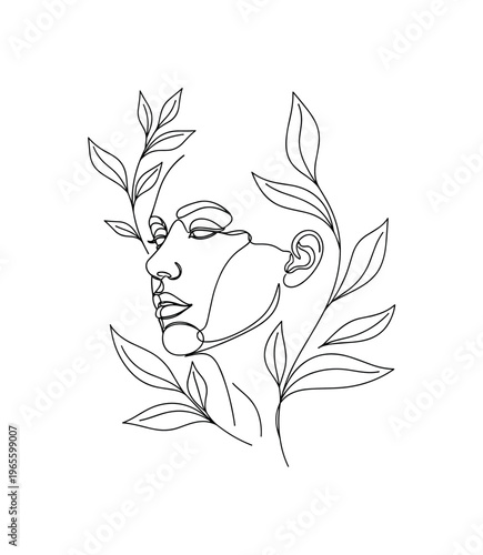 Natural Harmony. Minimalistic one-line drawing a human face surrounded by flowing plant leaves, continuous single black line on white background, simple