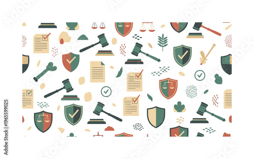legal safety symbols seamless pattern, repeating pattern, surface design, textile print, soft color palette, modern illustration, no shadows, flat lighting,