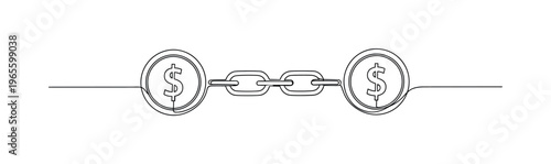 Token Exchange Scene. Minimalistic one-line drawing two coin icons connected by blockchain chain links in balanced layout, continuous single black line on