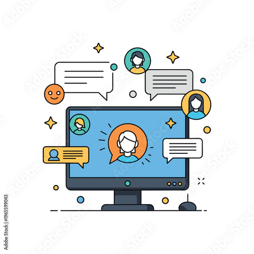 Interactive gaming broadcast scene with a monitor, chat bubbles, and reaction icons expressing audience participation and digital connection. Minimalist flat