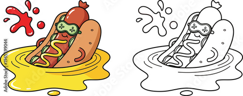 Cute Cartoon Hot Dog in Bun with Ketchup and Mustard Splashes Fun Food Illustration for Kids
