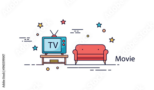 Family entertainment badge with a TV icon, couch, and subtle ?Movie? label conveying leisure, togetherness, and home comfort. Minimalist flat vector