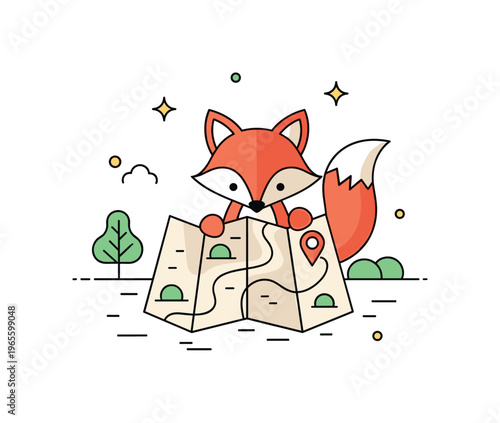 Travel fox moment a small fox looking closely at a map with simple path lines and minimal ground detail. The composition conveys discovery and planning a
