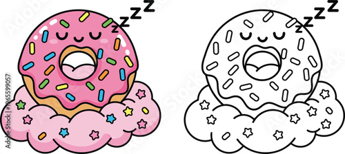 Adorable Cartoon Sleeping Donut on a Cloud Sweet Dreams Food Illustration for Kids