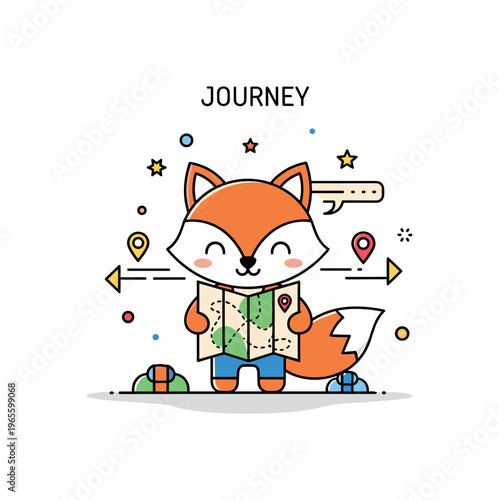 Cute journey fox a little fox holding a map with a gentle smile and simple directional elements enhancing the scene. A warm and playful illustration of
